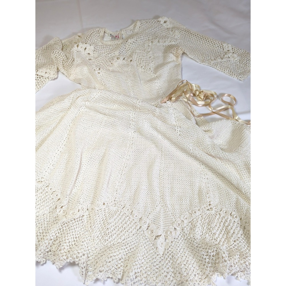 Rare Vtg Lim's Stunner Crochet Lace Midi Dress L Ecru Ribbon Tie Romance Wedding